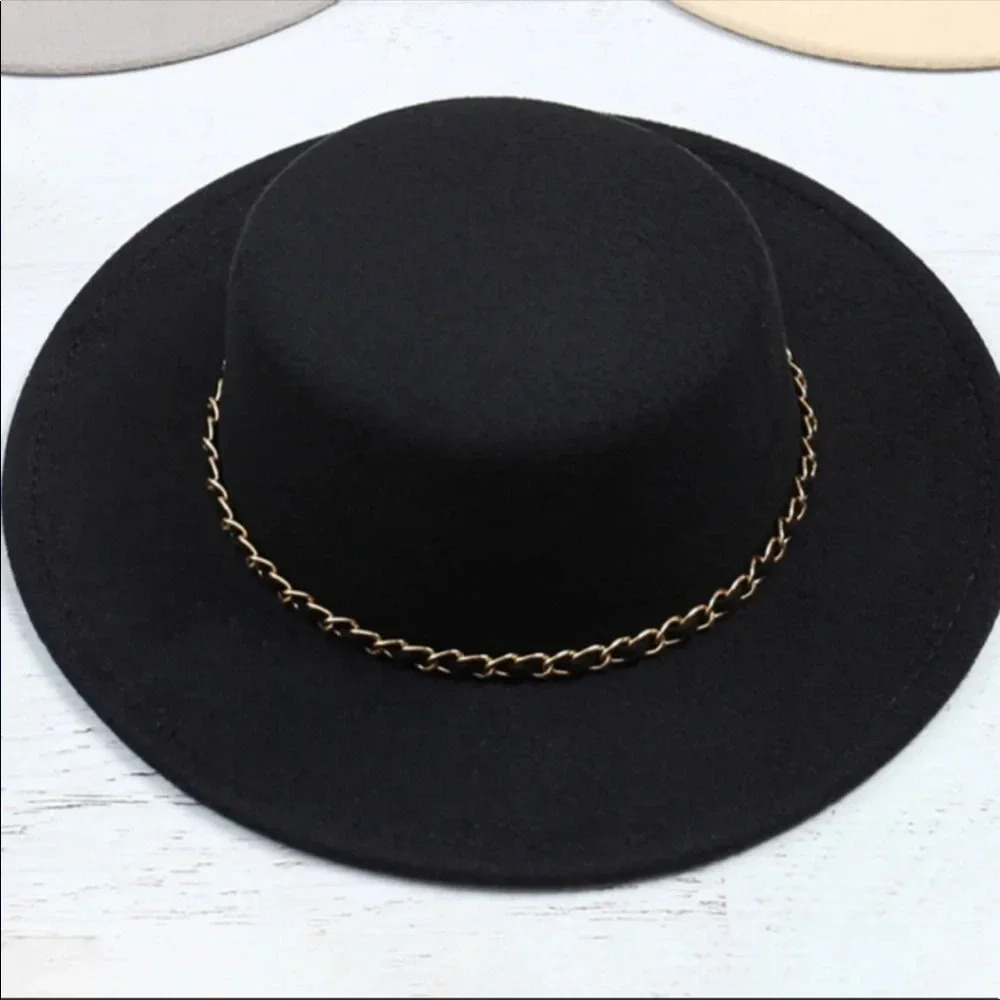 Wide Brim Felt Hat with Gold Chain | Boho Fedora Fall Winter Style - Picture 2 of 3